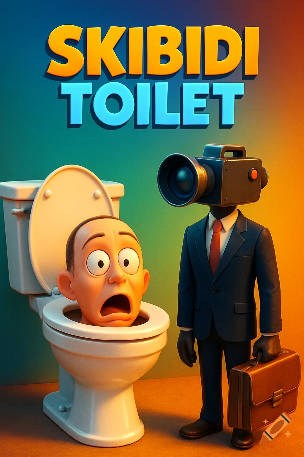 Cartoon poster with 'SKIBIDI TOILET' text, a surprised head in a toilet, and a man with a camera head holding a briefcase.