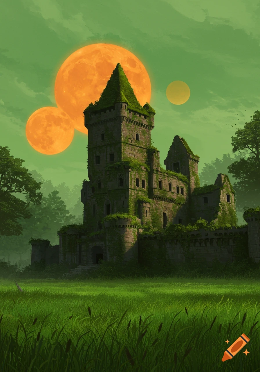An ancient moss-covered castle stands in a vibrant green field under a green sky with three large, glowing orange and yellow celestial bodies.