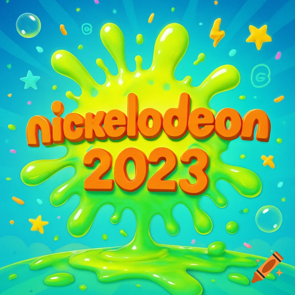 Colorful Nickelodeon 2023 logo with orange text on a bright green slime splash against a blue sky, with stars and bubbles.