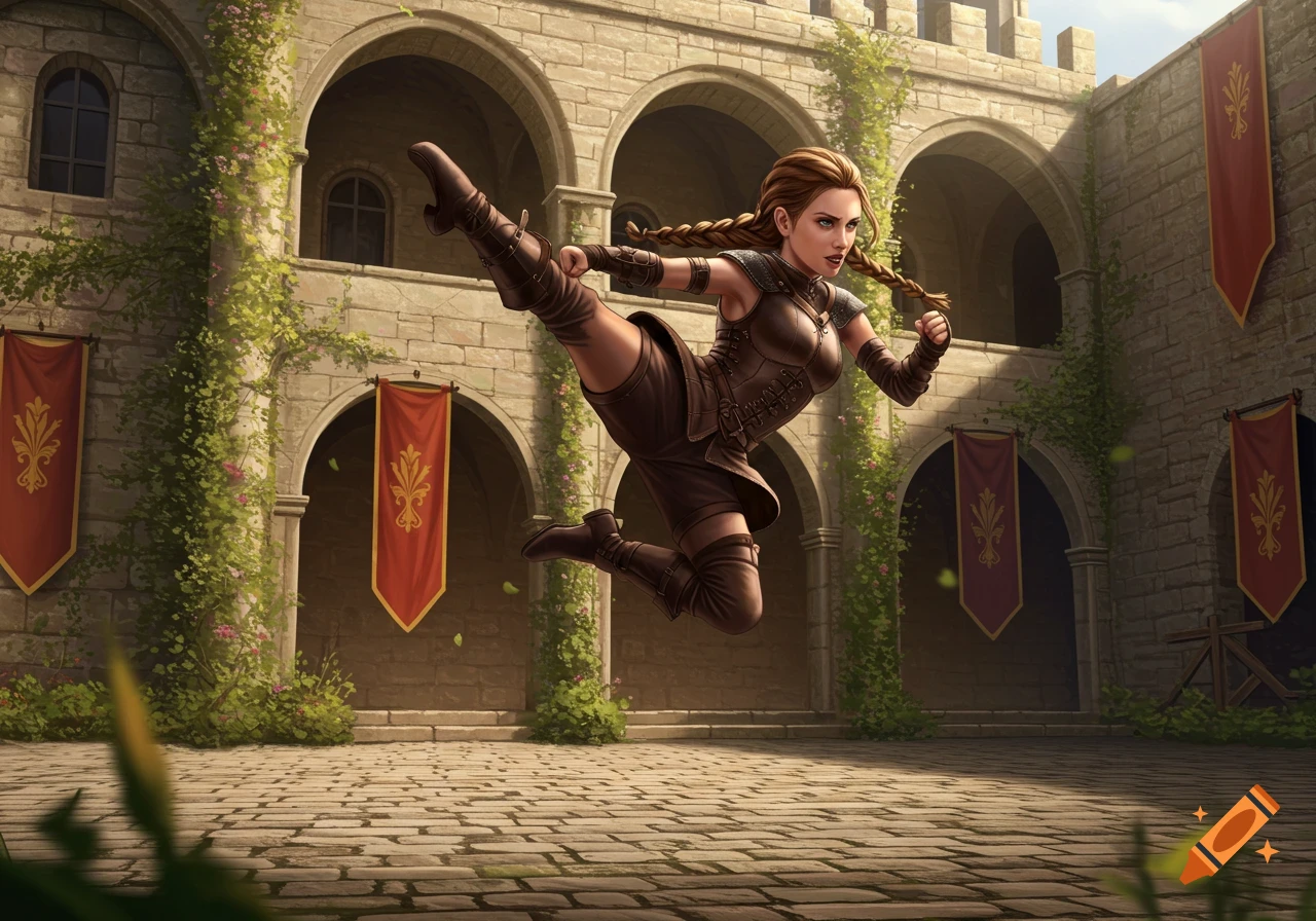 A female character in brown armor performs a jump kick in a stone castle courtyard.