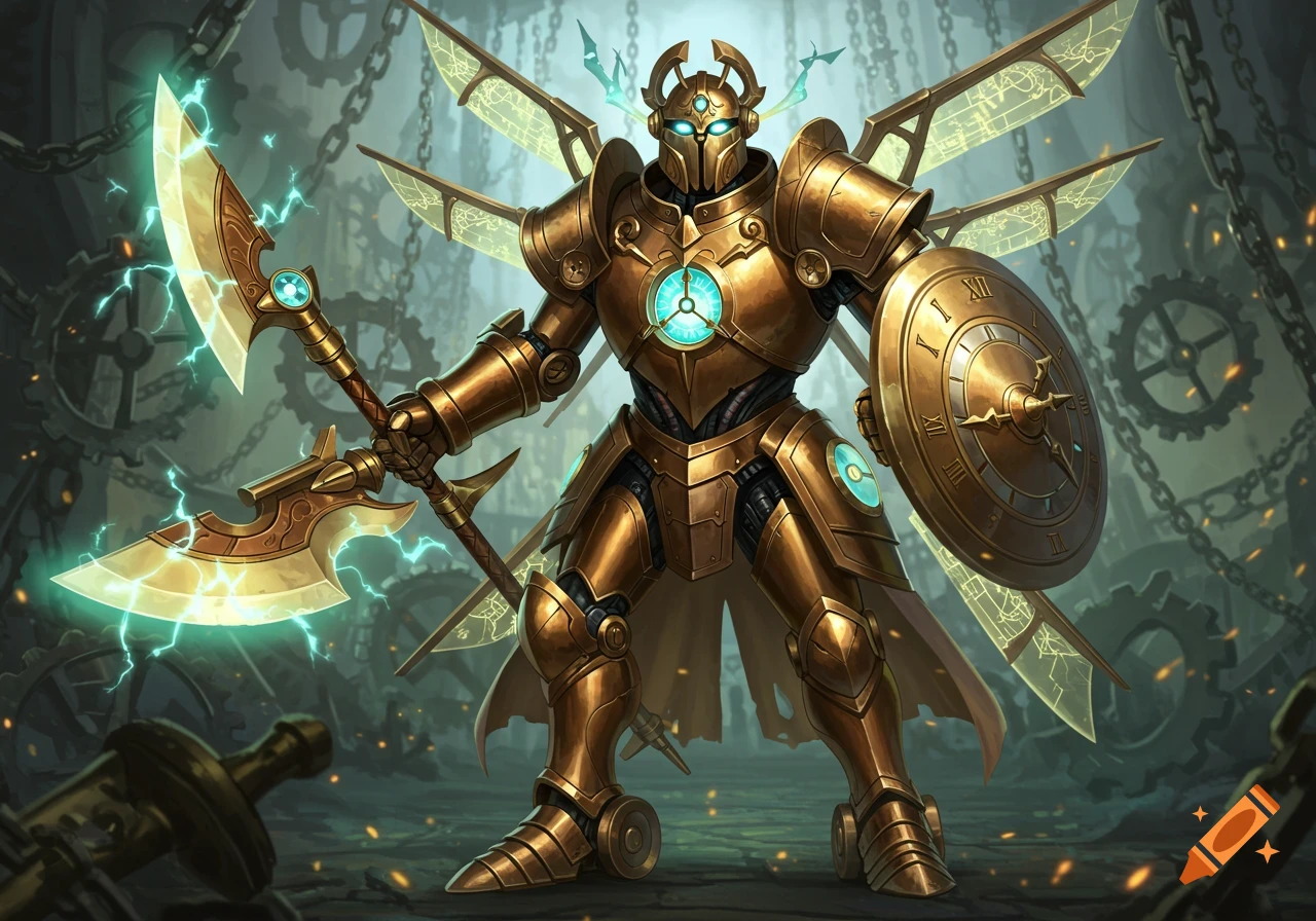 A majestic brass clockwork knight with glowing eyes, holding an electric axe and a clock-face shield against a background of gears and chains.