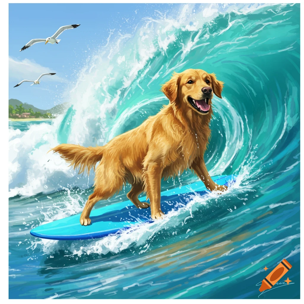 A happy golden retriever rides a blue surfboard on a large ocean wave with seagulls flying overhead and a beach in the background.
