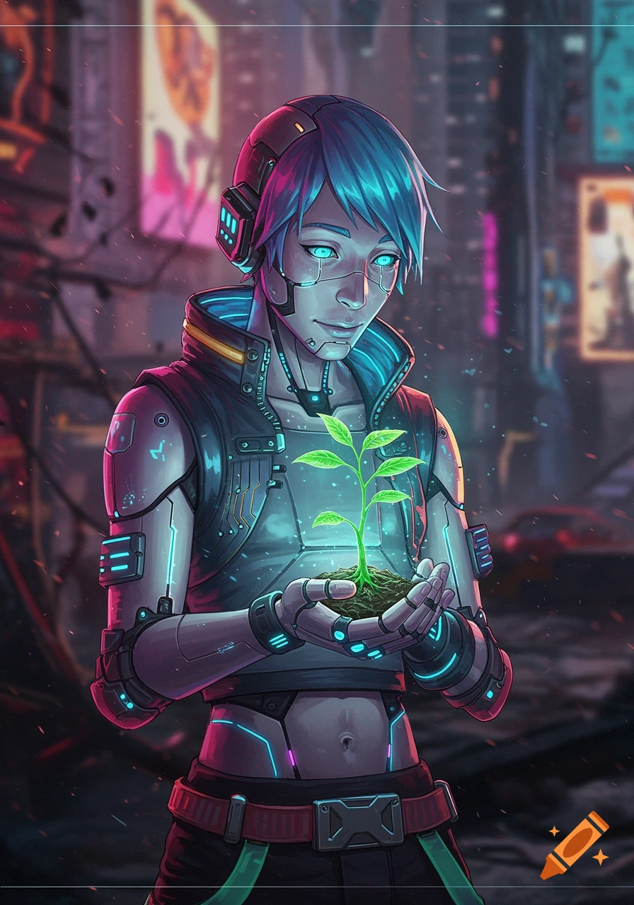 An anime-style android with blue hair and glowing eyes holds a glowing green plant in a dark, neon-lit cyberpunk city.