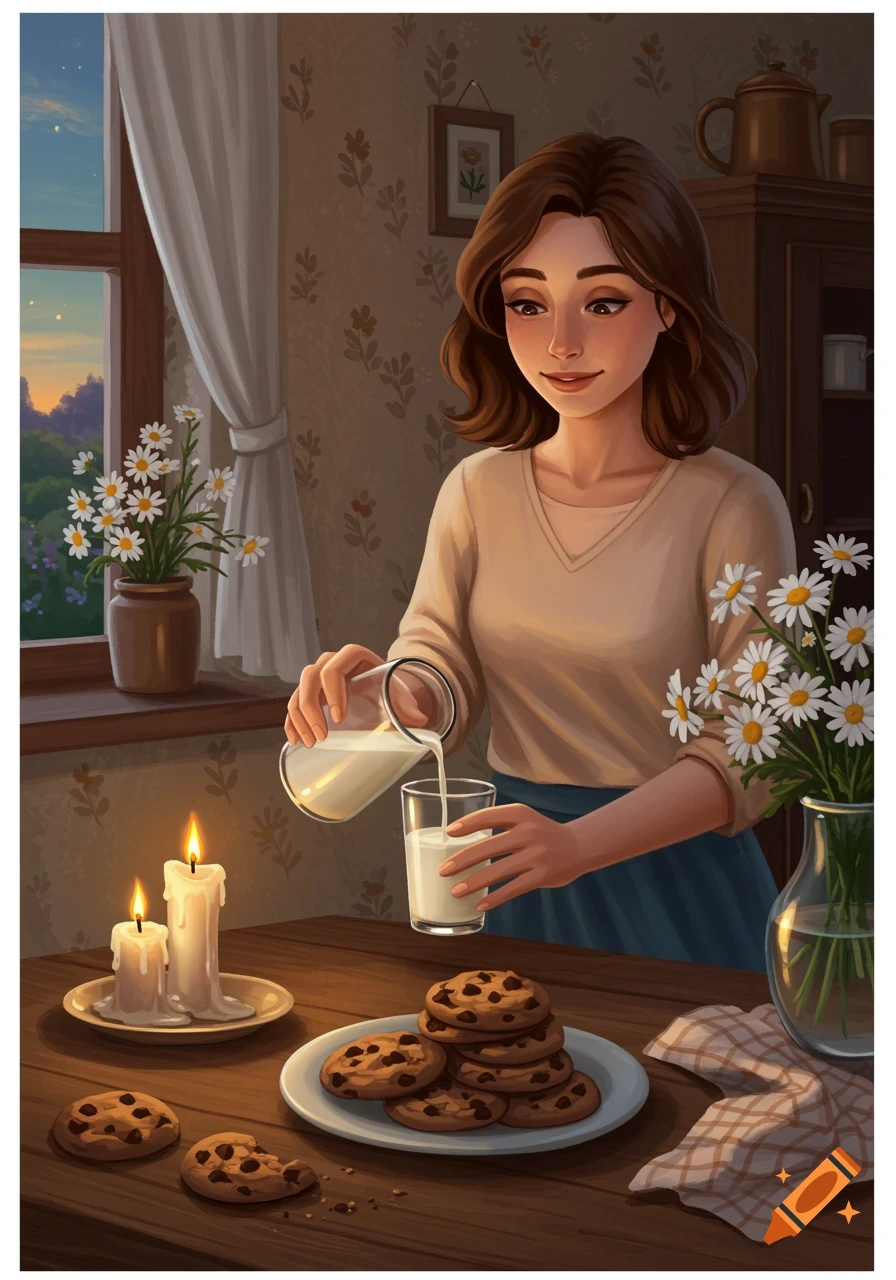 A woman pours milk into a glass, next to chocolate chip cookies and lit candles on a wooden table. A cozy illustration.
