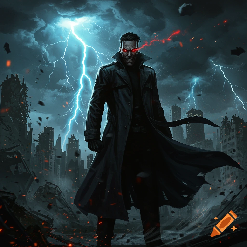 A menacing villain with glowing red eyes and a long black coat stands in a destroyed, stormy city as lightning strikes around him.