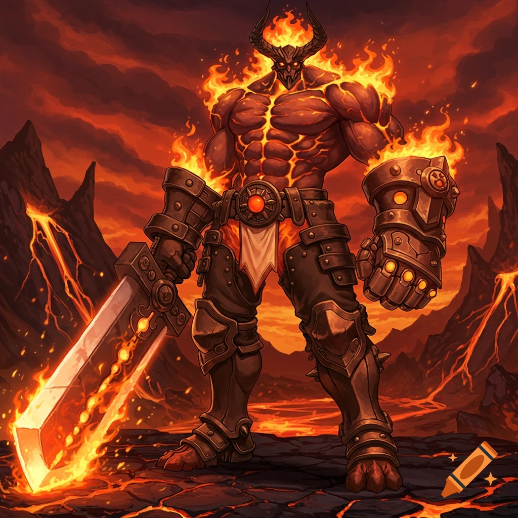 A muscular, fiery demon-like giant with horns, wearing armored gauntlets and boots, holding a flaming greatsword in a volcanic landscape.