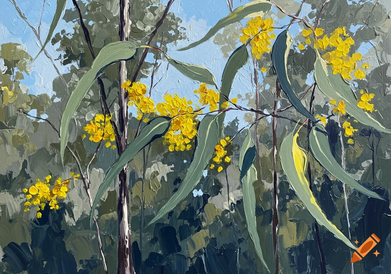 An impasto acrylic painting depicting yellow wattle flowers and eucalyptus leaves against a blurred green and blue background.