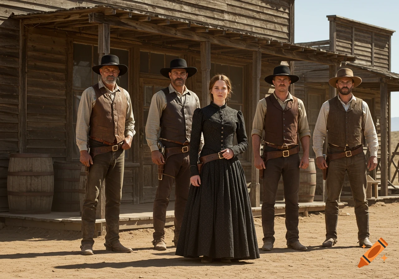 A woman in a long dress and four men in cowboy vests and hats with holstered revolvers stand in front of a wooden western building.