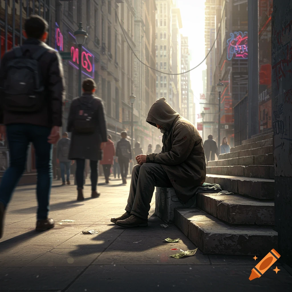 A hooded person sits on steps on a sunny city street with blurred people walking by.