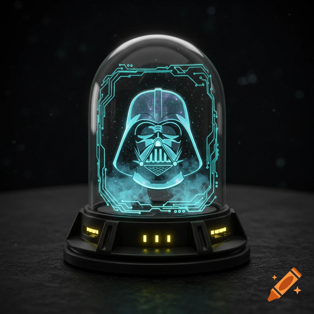 A futuristic glass dome resembling a bacta tank displays a glowing blue hologram of Darth Vader's helmet with circuit patterns.
