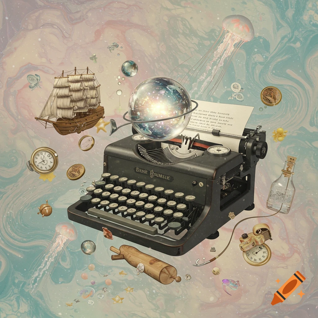 A surreal dreamscape featuring a vintage typewriter with a glowing globe, a sailing ship, and jellyfish floating in a marbled, ethereal background.