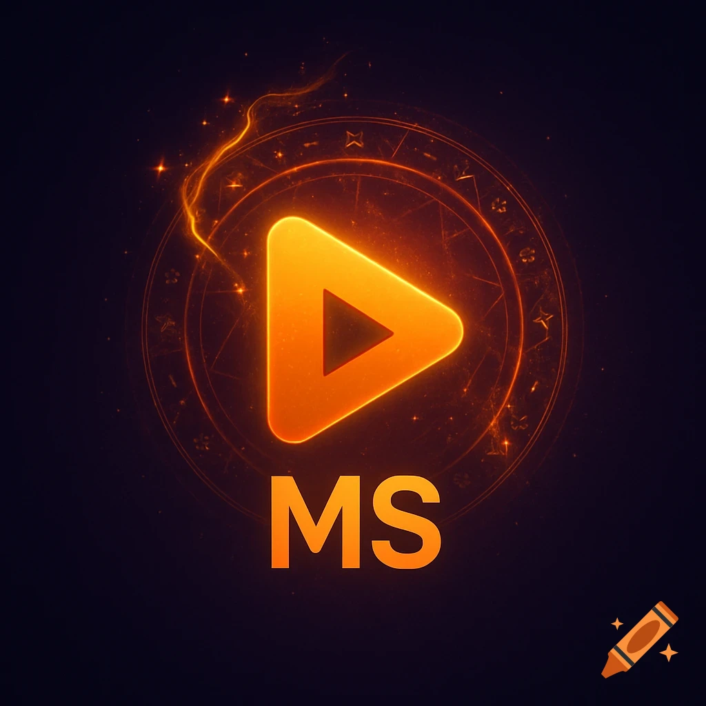 A glowing orange play button with 'MS' below it, surrounded by magical sparkles and a subtle cinematic rune circle on a dark background.