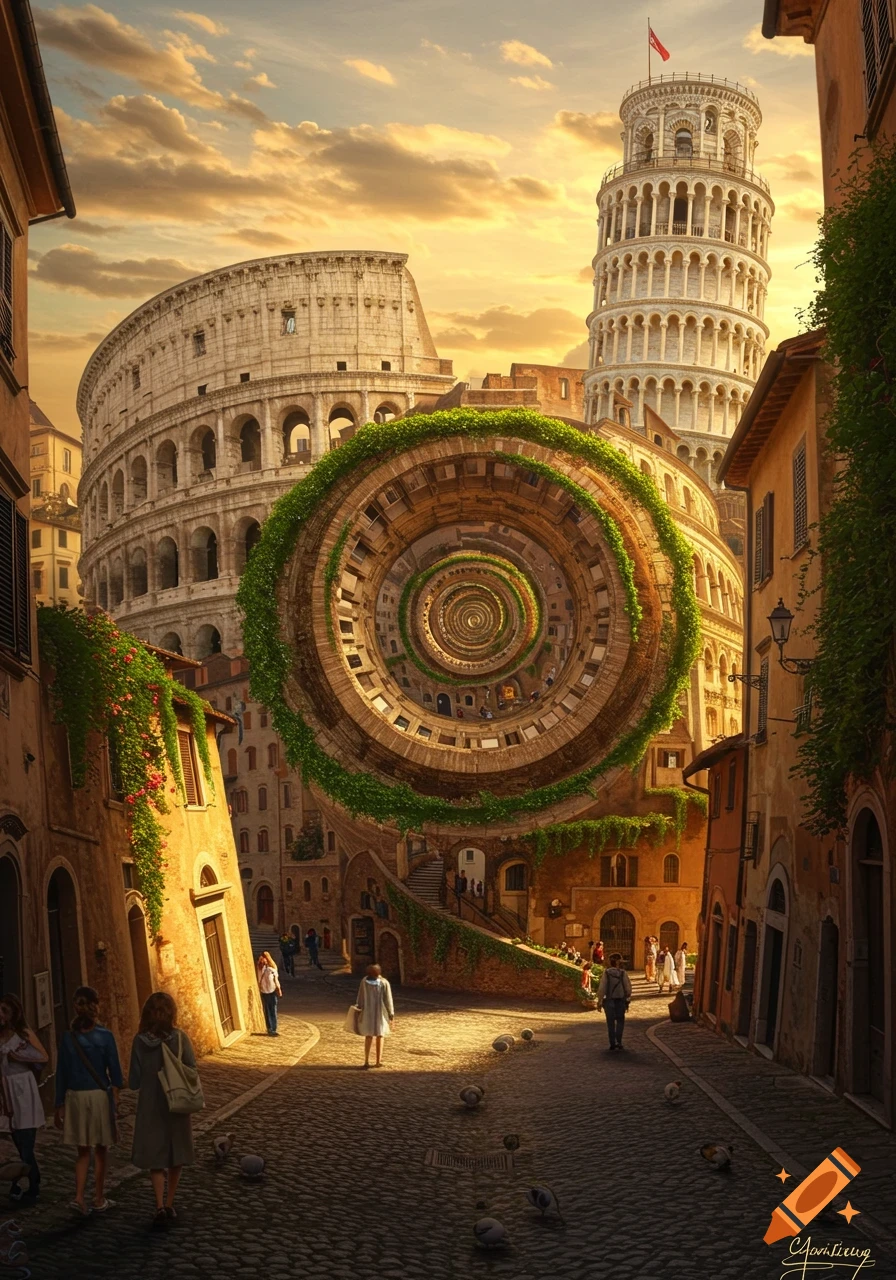 A surreal Italian street scene with the Colosseum and Leaning Tower of Pisa, and a large spiraling building covered in vines. Pedestrians walk on the cobblestone street under a golden sunset.