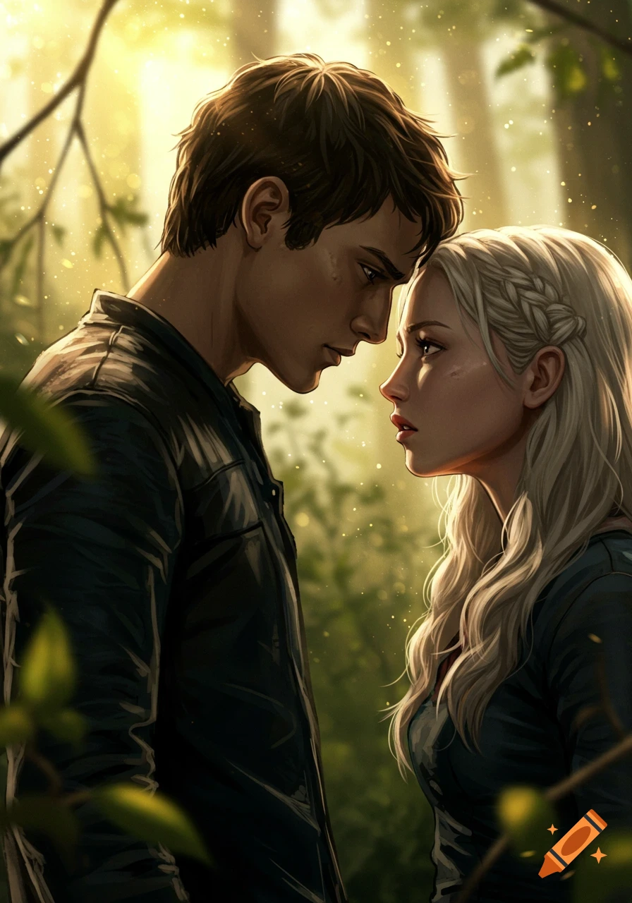 Digital illustration of a man and woman with light hair leaning in to kiss in a magical forest setting with sparkling lights.