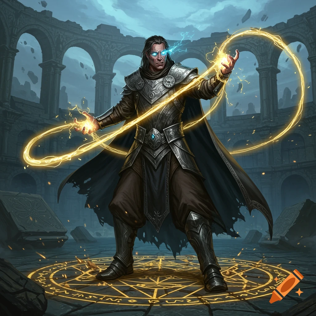 A powerful male wizard in ornate armor casting a spell with golden energy in a glowing magic circle within ancient ruins.