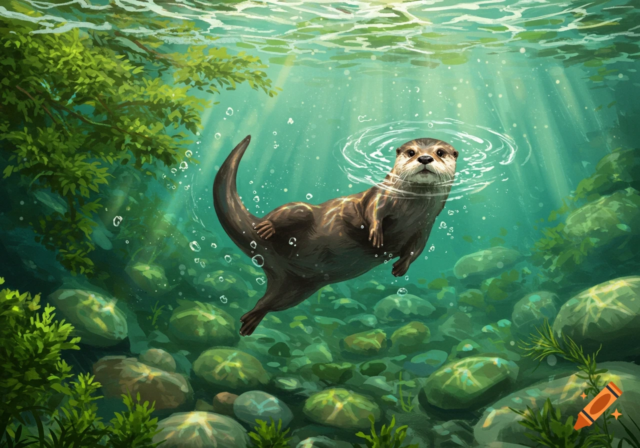 An otter swims just below the water's surface, illuminated by light rays, amidst green foliage and rocks.