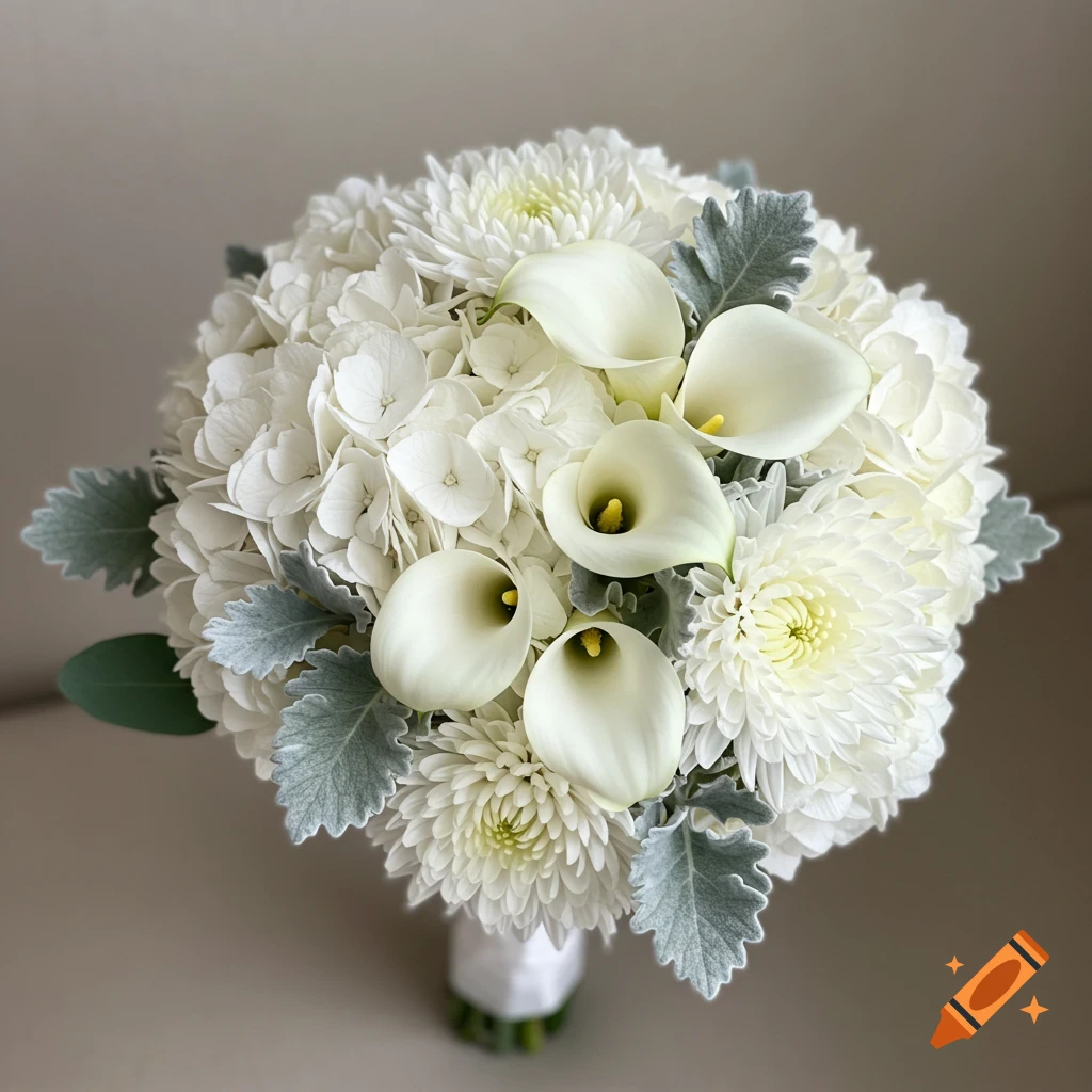 A white bridesmaid bouquet with hydrangeas, calla lilies, mums, and silver dollar eucalyptus leaves.