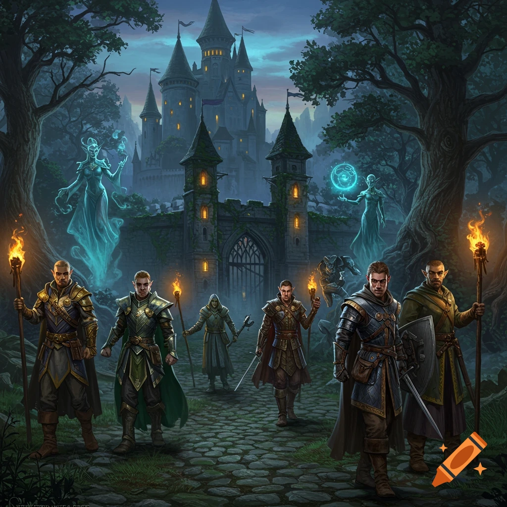 Armored fantasy characters with torches on a path leading to a grand castle in a dark forest with ghostly figures.