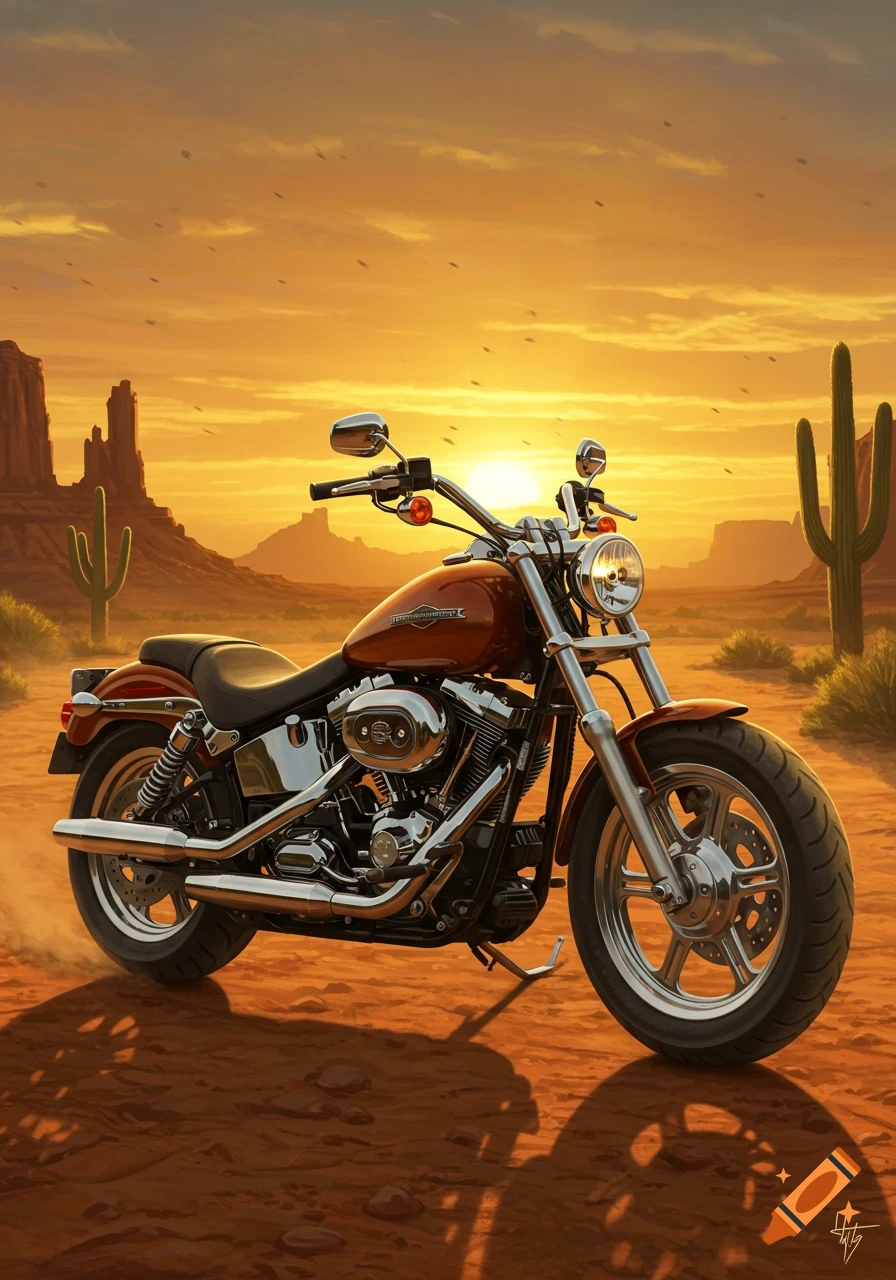 A classic motorcycle, likely a Harley Davidson, parked in a vast desert landscape at sunset. Towering rock formations and cacti are visible under an orange sky.