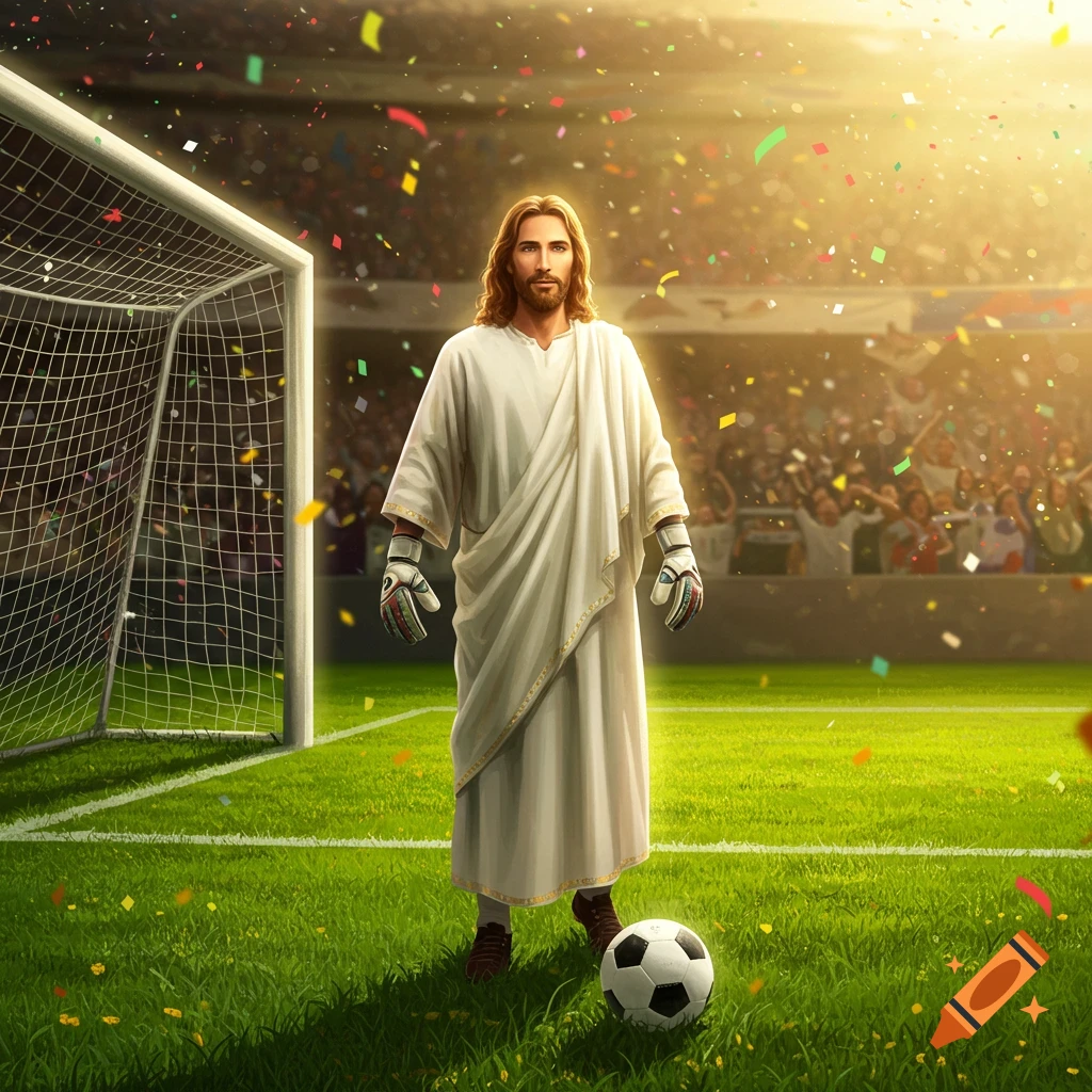Jesus Christ, depicted as a soccer goalie, stands on a green field in a stadium with a soccer ball at his feet, confetti falling around him.
