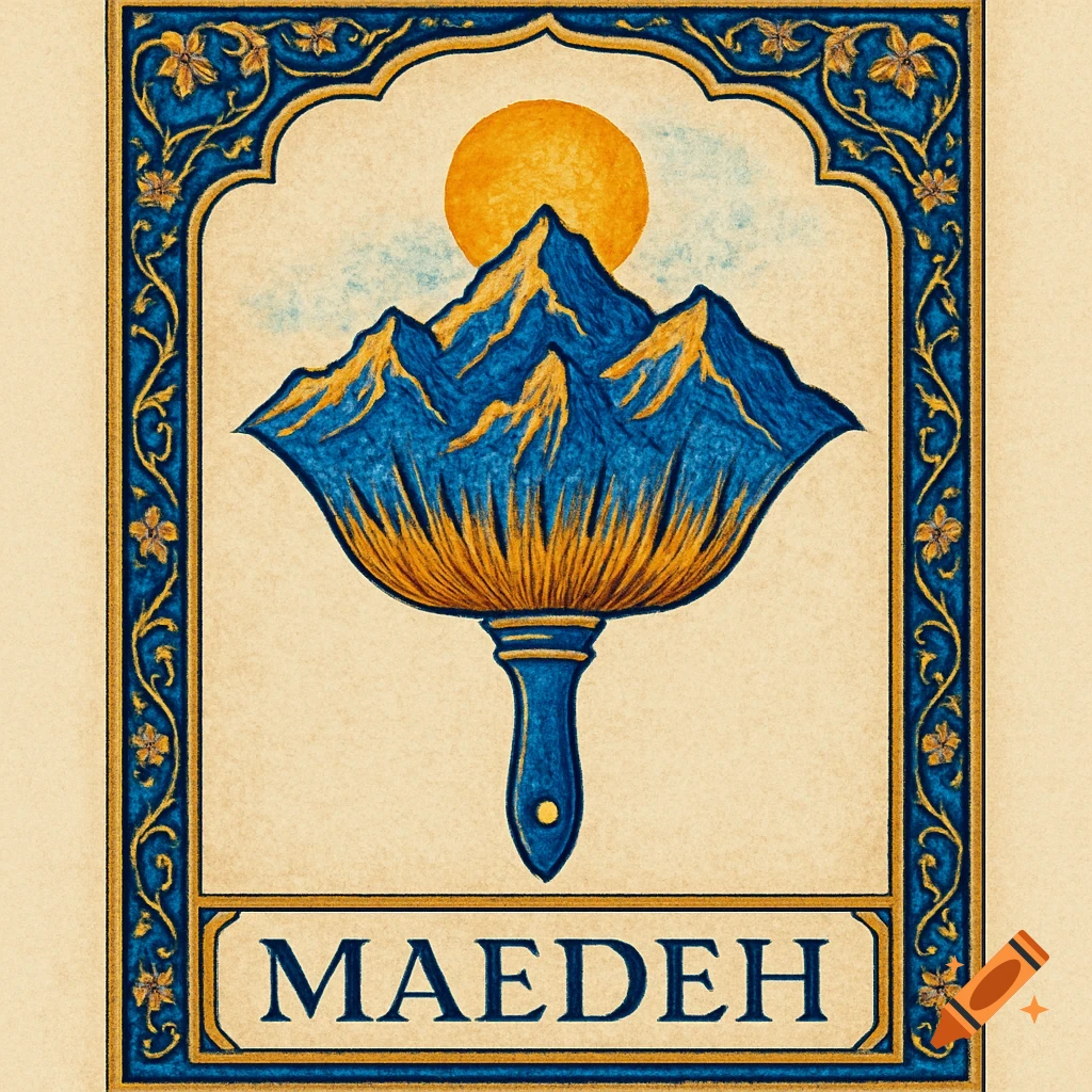 A Persian miniature-style logo with a blue paintbrush morphing into gold-tipped mountains under a yellow sun, framed by ornate gold and blue borders. Text 'MAEDEH' is at the bottom.