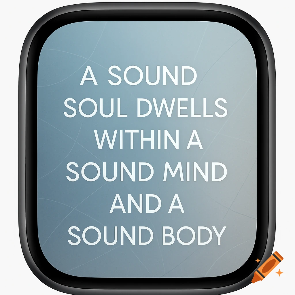 A white quote on a gradient blue background framed by a black smartwatch, reading 'A SOUND SOUL DWELLS WITHIN A SOUND MIND AND A SOUND BODY'.