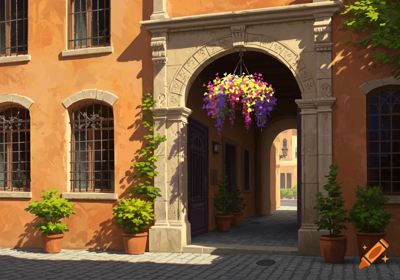 A painterly depiction of an orange townhouse facade with an arched entryway. A colorful hanging flower basket is in the arch.