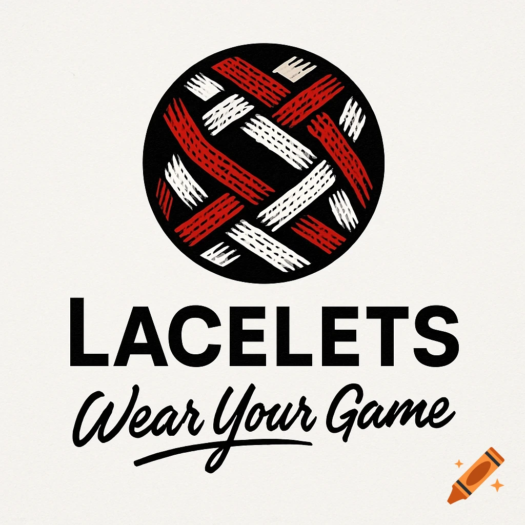 A black circular logo with interwoven red and white patterns resembling laces, above the bold black text 'LACELETS' and script text 'Wear Your Game' on an off-white background.
