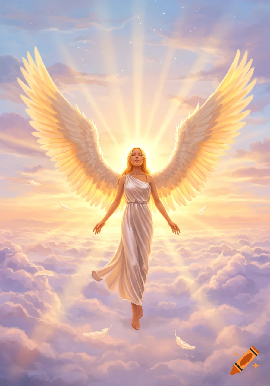 A beautiful angel with large golden wings stands in the clouds, bathed in bright light from above.