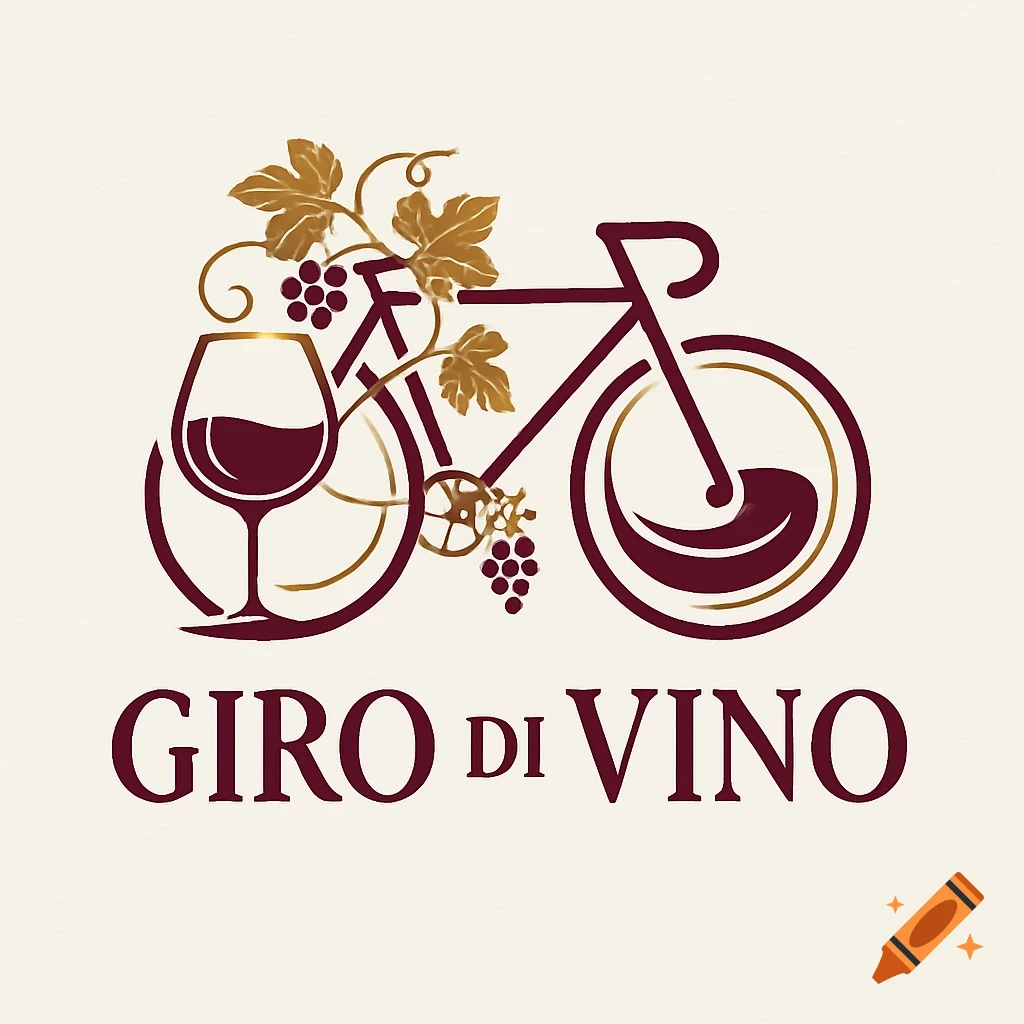 A logo for 'Giro di Vino' featuring a stylized bicycle, a wine glass, and grapevines in maroon and gold.