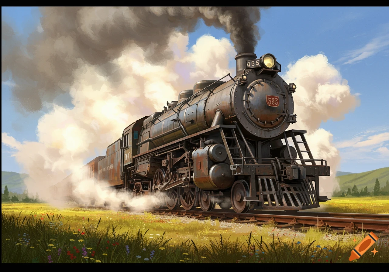 A rustic steam locomotive with a dark smokestack billows smoke as it travels through a green and yellow field under a blue sky.