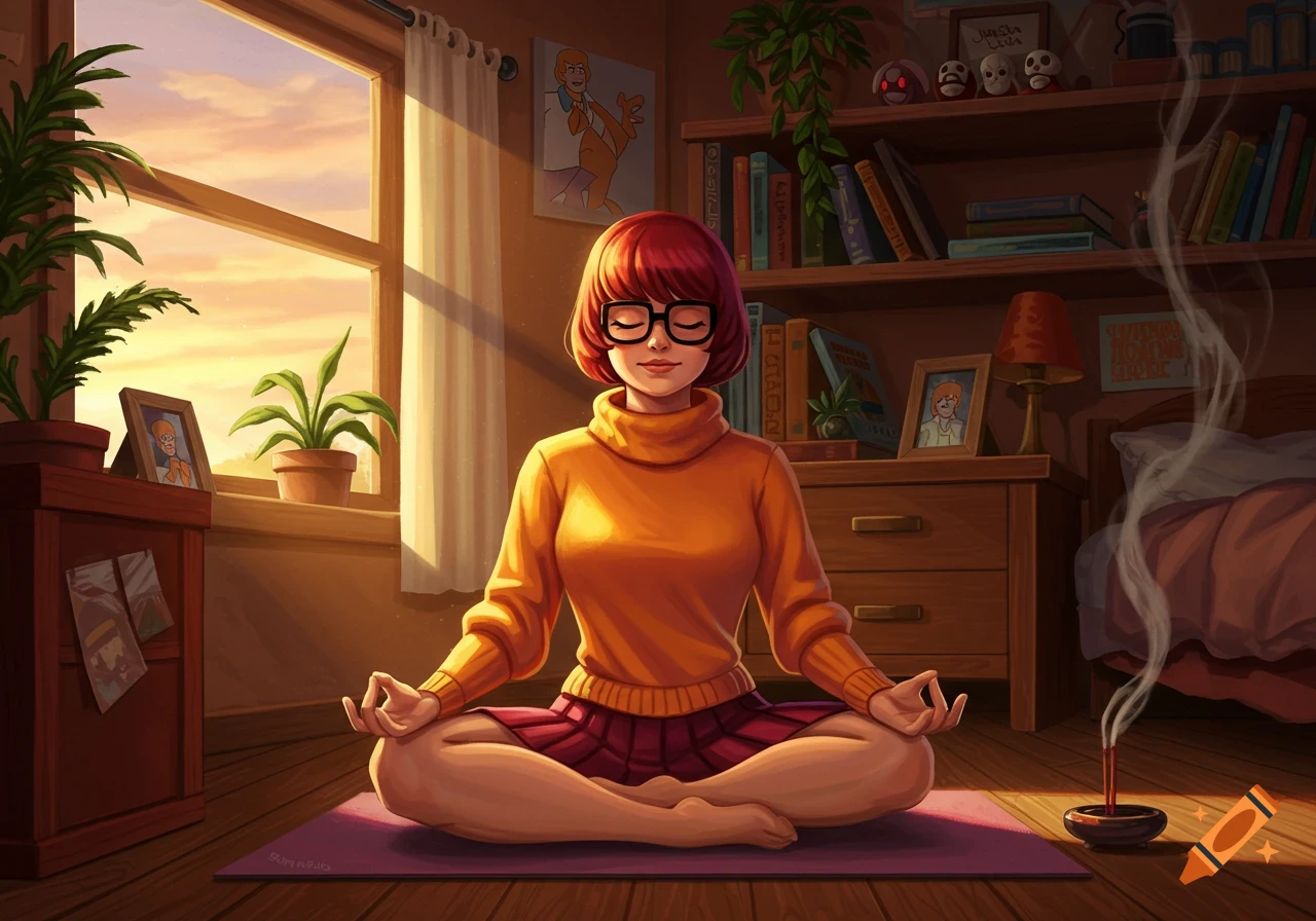 Velma from Scooby-Doo meditates in a cross-legged position on a yoga mat in her sunlit room. She has her eyes closed and hands in a mudra. Bookshelves, plants, and a window are visible.