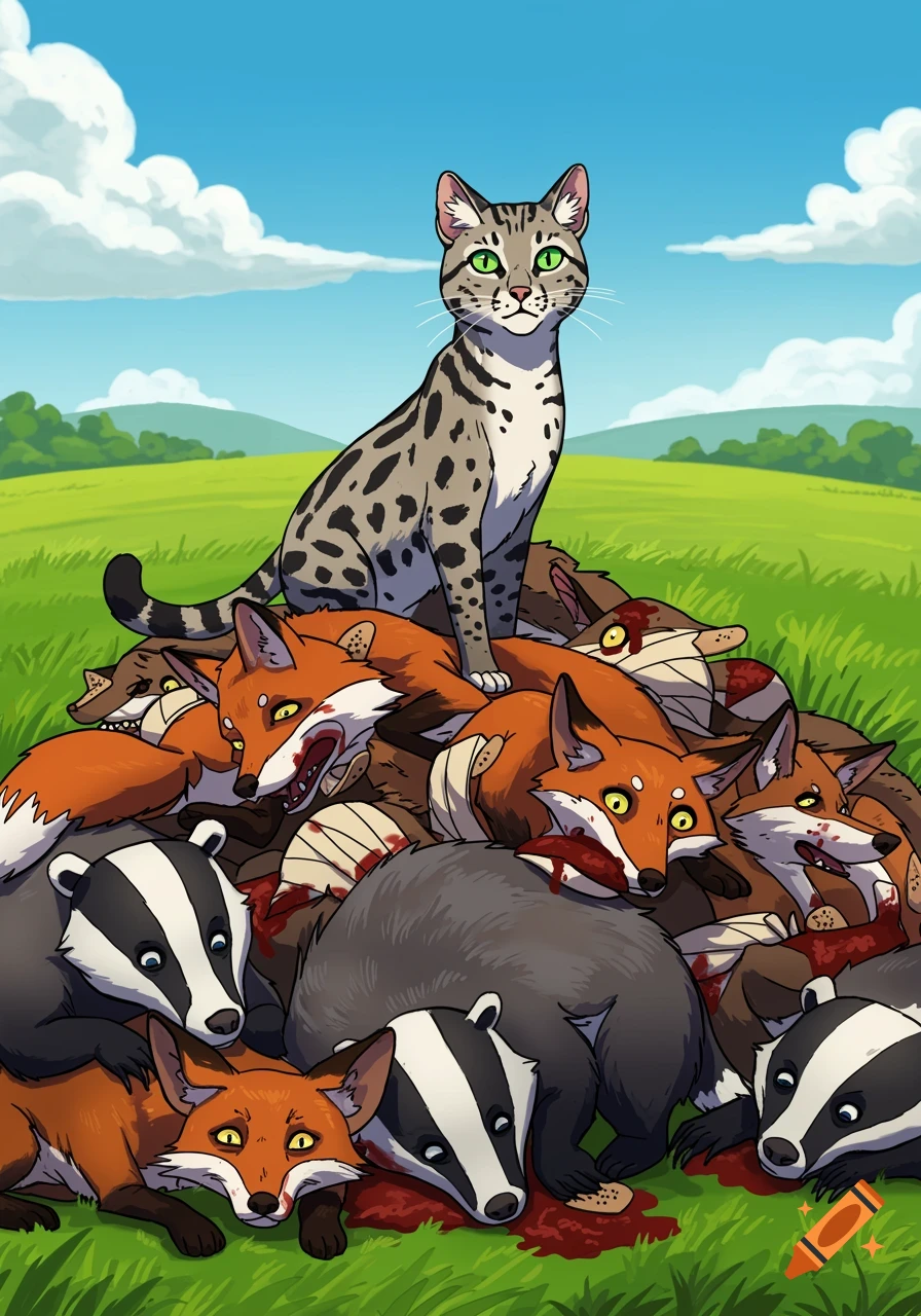 A cartoon Savannah cat sits atop a pile of defeated foxes and badgers in a grassy field.