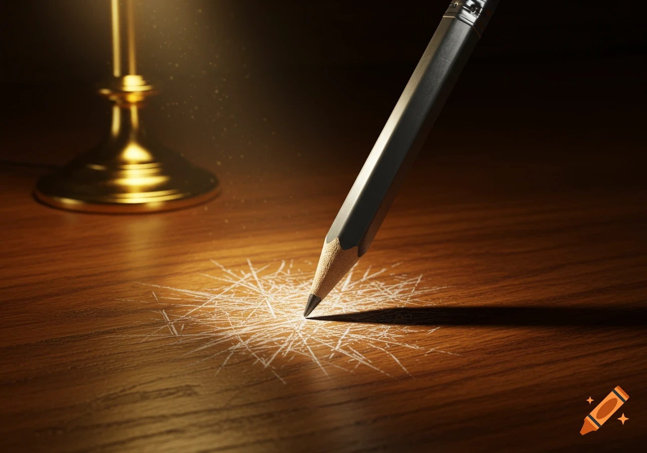 A close-up of a pencil tip touching a wooden surface with white scratches, under a beam of light from a gold lamp.