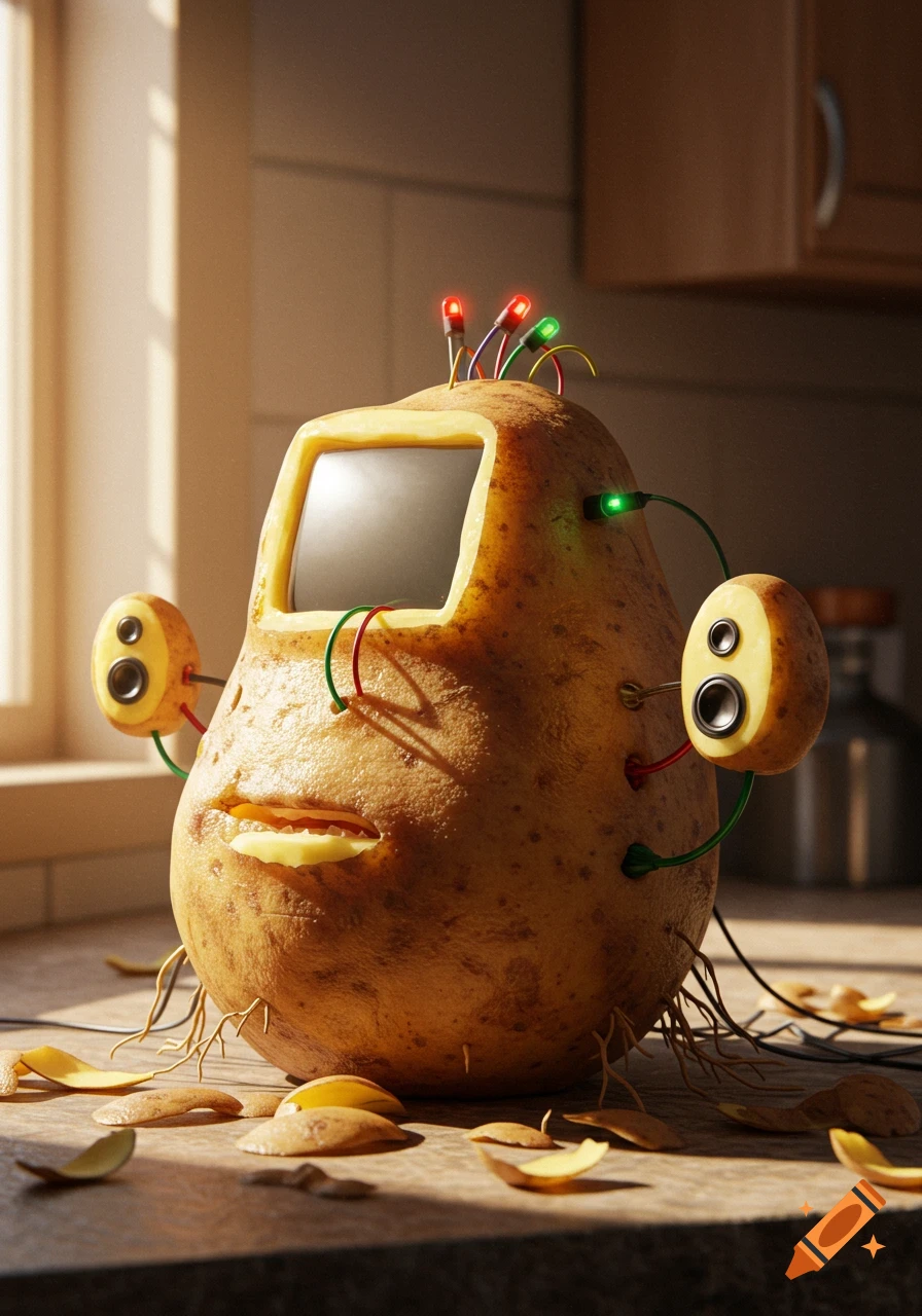 A photorealistic potato computer with a screen, speakers, wires, and LEDs, on a kitchen counter with potato peels.
