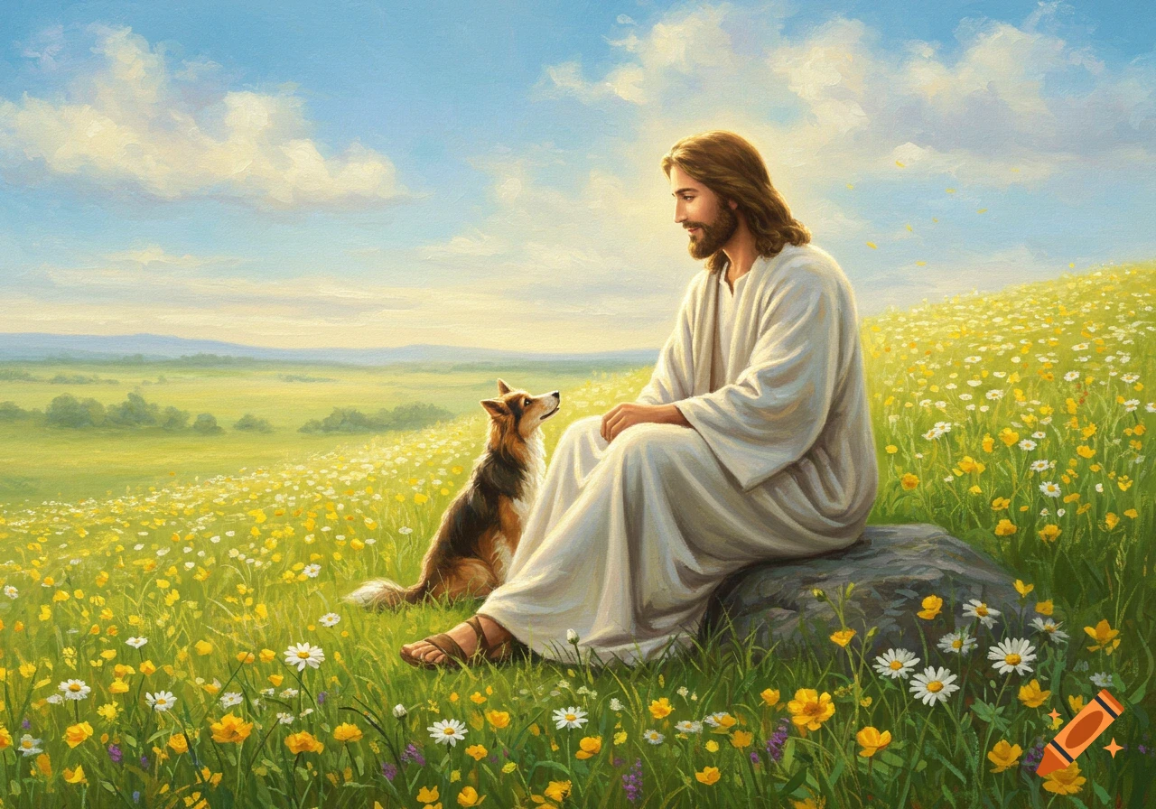 Jesus sits on a rock in a sunny, flower-filled meadow, looking at a small dog next to him in a vibrant, painterly style.