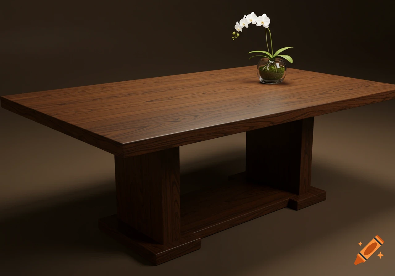 A sleek, minimalist dark wooden table with a white orchid in a glass bowl.