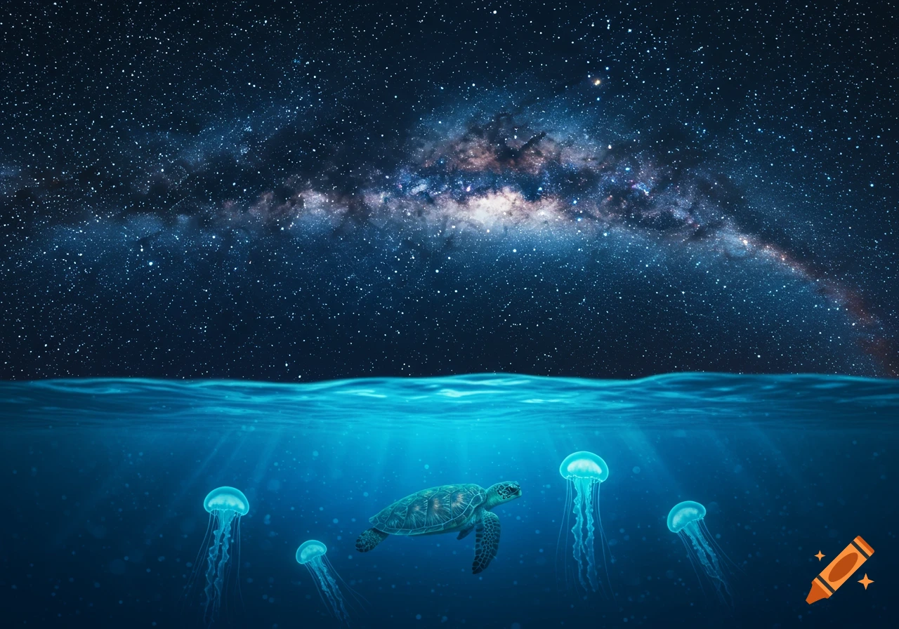A sea turtle and jellyfish swim underwater with sunbeams, under a starry night sky showing the Milky Way.