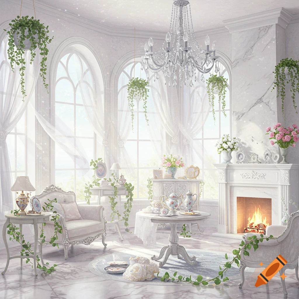 An elegant, bright fantasy interior room with large arched windows, white ornate furniture, a crystal chandelier, lush green plants, and a cozy fireplace.