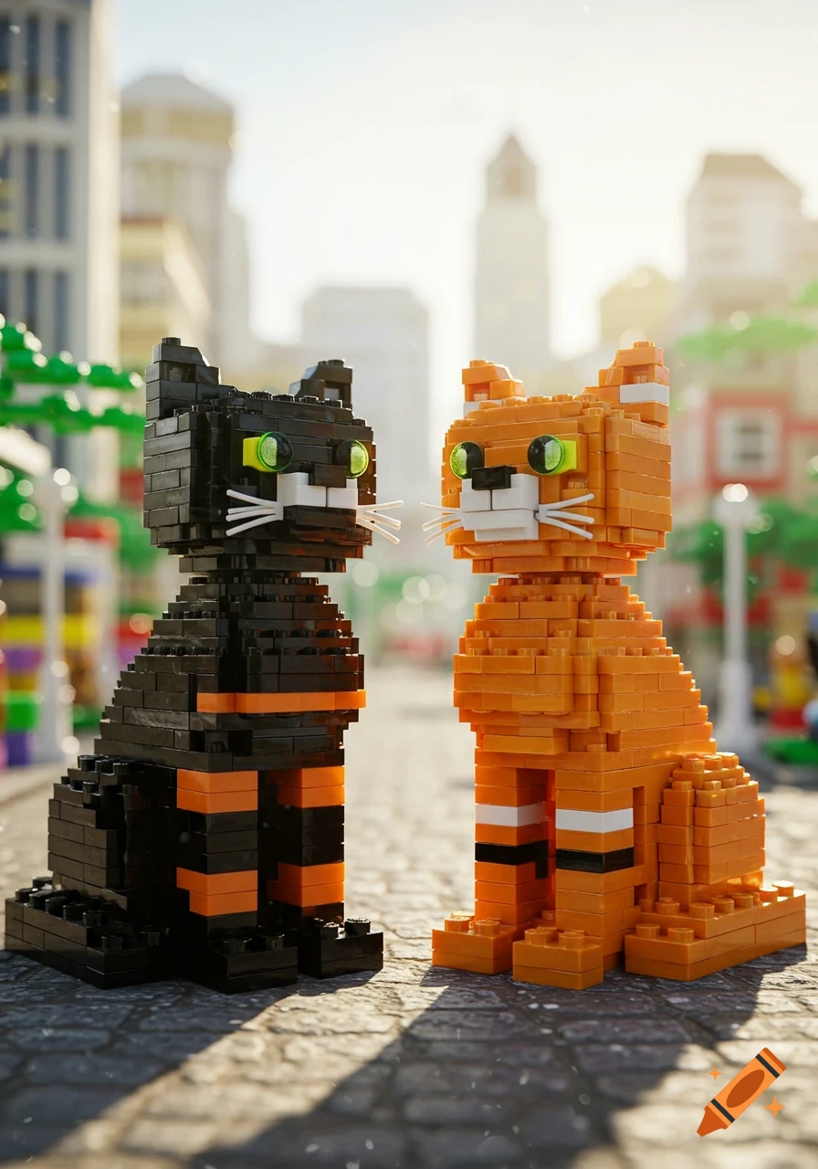 Two photorealistic Lego cats, one black and one orange, sit on a cobblestone street in a blurred city setting.