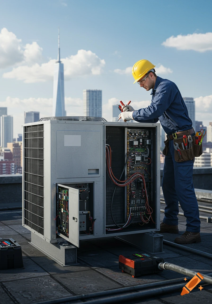 A male technician in a hard hat and uniform inspects an open air conditioning unit on a city rooftop with a skyscraper in the background.