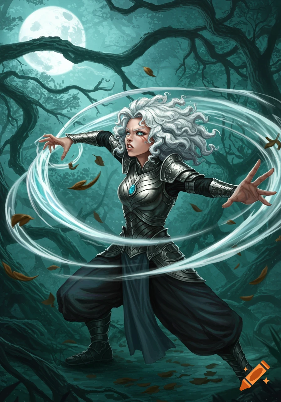 White-haired female warrior in armor casting wind magic in a dark, moonlit forest, stylized art.