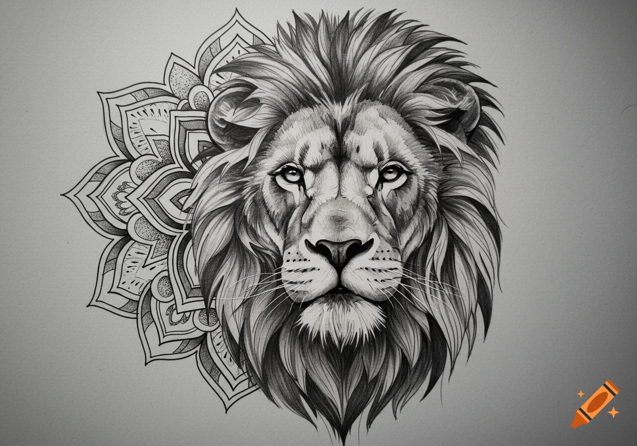 Detailed black and white sketch of a lion head merged with a half mandala pattern.