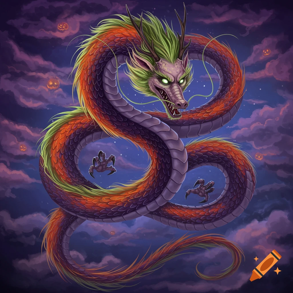 A vibrant Chinese dragon with orange, purple, and green scales, flying through a spooky purple night sky with jack-o'-lanterns.