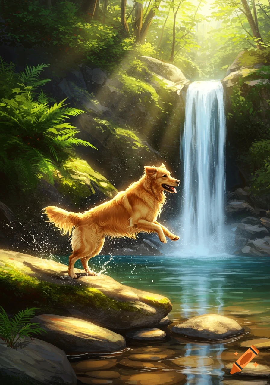 A golden retriever dog leaps from a rock, splashing water near a beautiful waterfall in a sunlit, vibrant green forest.