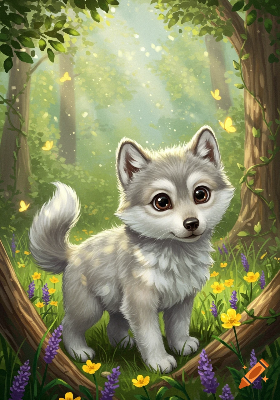 A cute, fluffy gray wolf cub stands in a vibrant forest among yellow and purple flowers, with trees and butterflies.