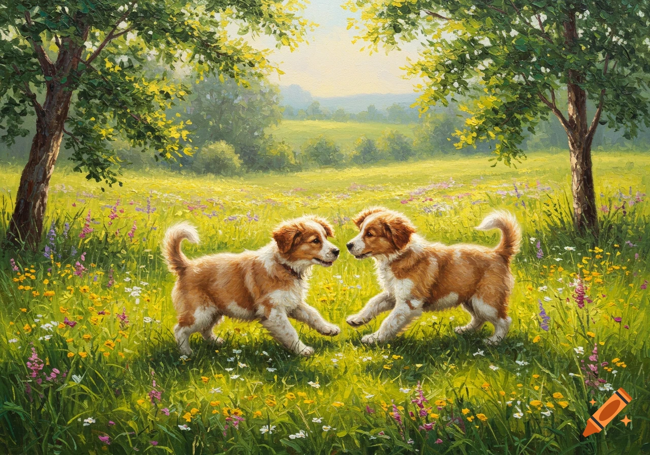 Two puppies playing in a vibrant green, wildflower-filled meadow under trees, painted in an oil style.