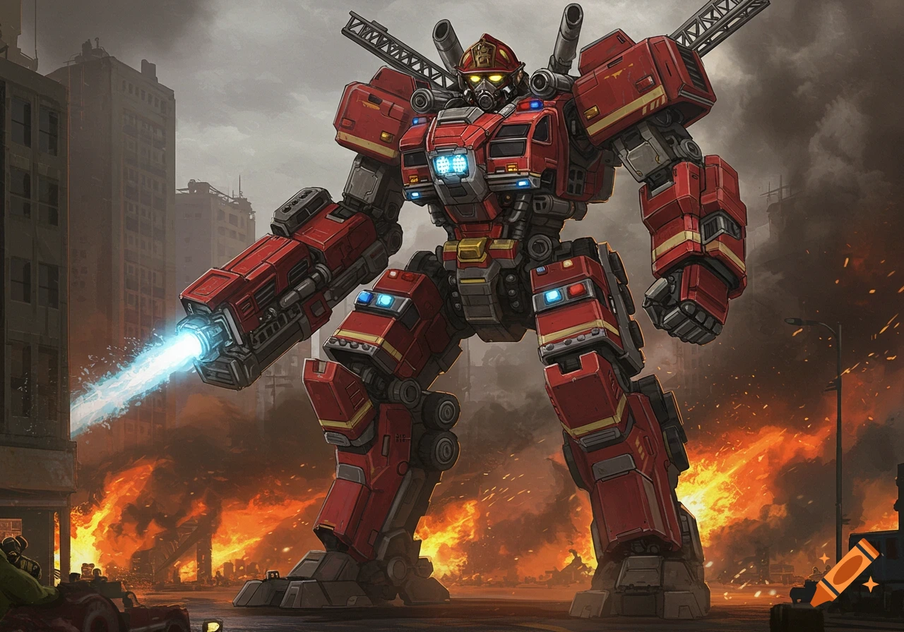 A massive red fire truck-themed mech with a water cannon stands in a burning, ruined city under a cloudy sky.