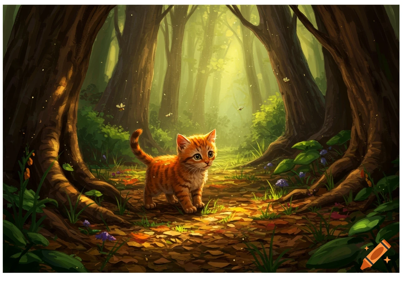 An orange striped kitten with big eyes walks through a sunlit, stylized forest.