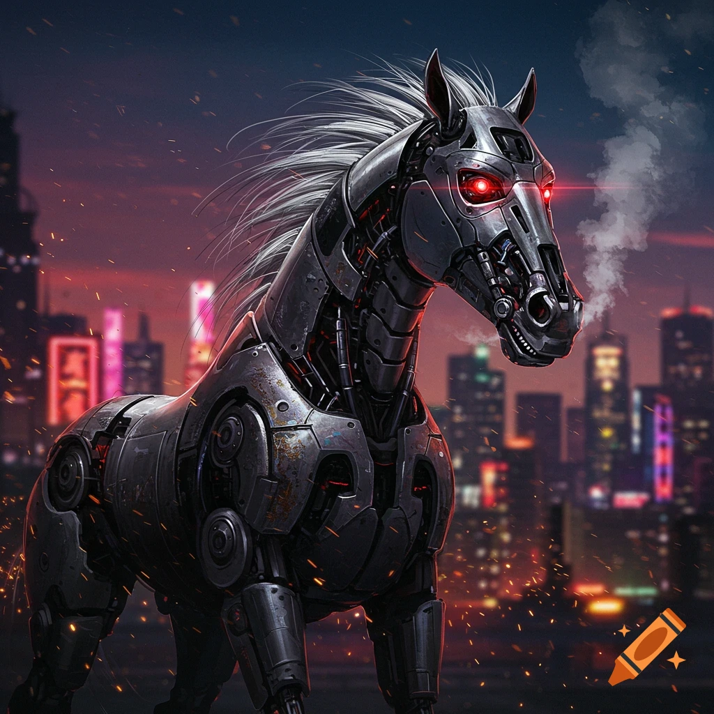 A menacing robotic horse with glowing red eyes stands in a futuristic cyberpunk city at sunset, digital art.